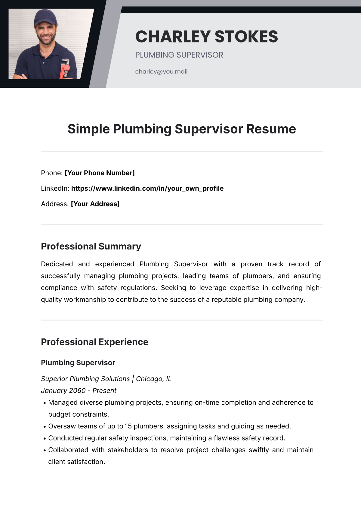 Free Simple Plumbing Supervisor Resume Template