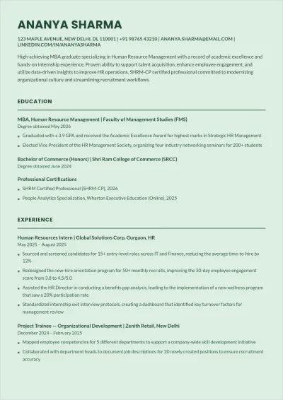 Free MBA HR Fresher ATS Resume Template, AI Resume Builder