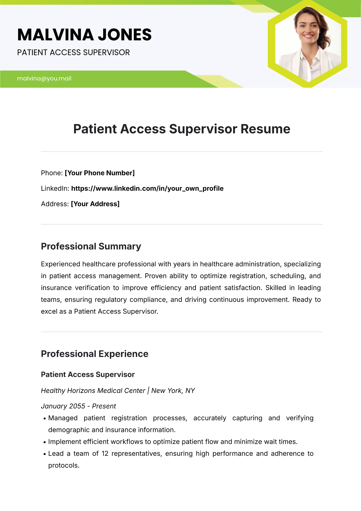 Free Patient Access Supervisor Resume Template