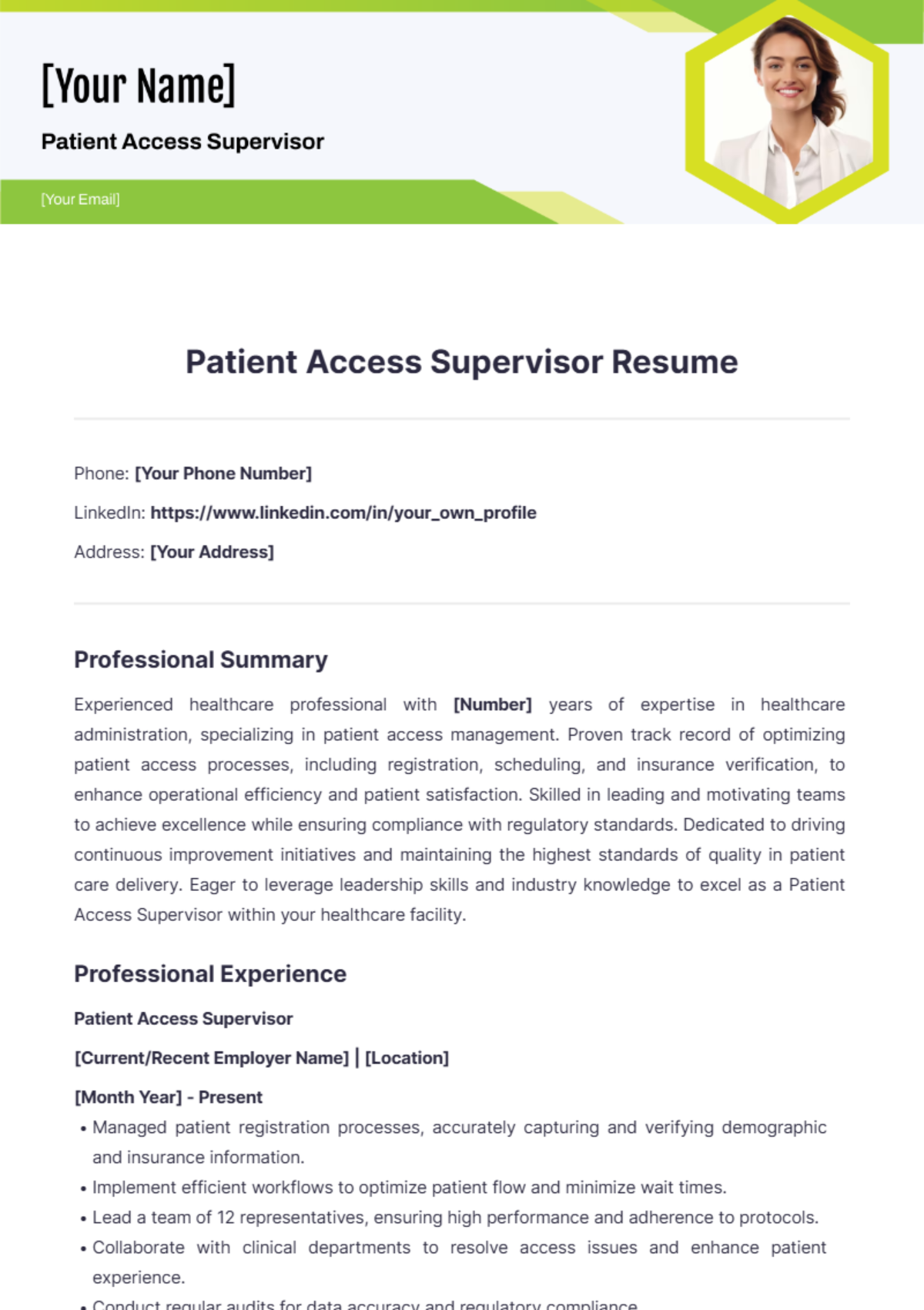 Patient Access Supervisor Resume - Edit Online & Download Example ...