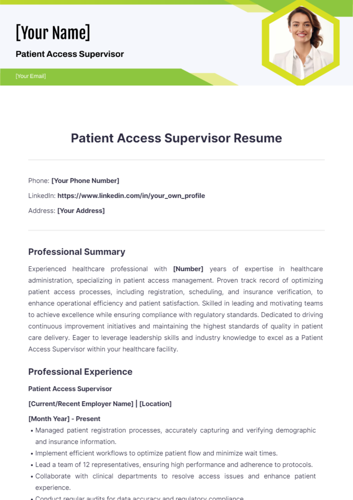 Patient Access Supervisor Resume - Edit Online & Download