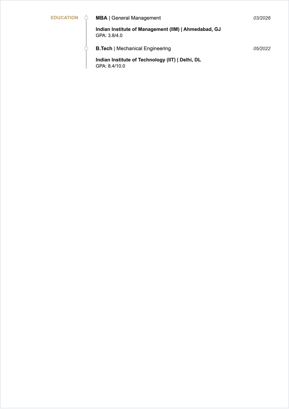 Free IIM Student MBA ATS Resume Template, AI Resume Builder