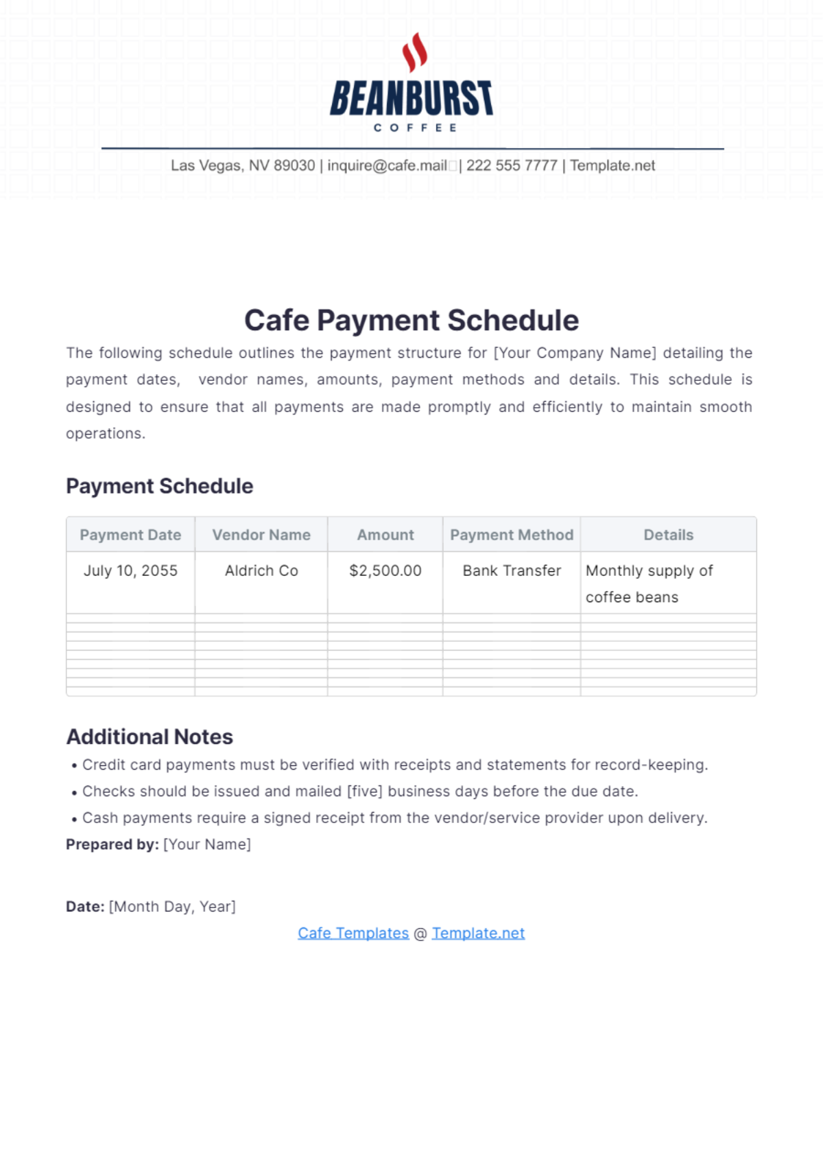 Cafe Payment Schedule Template - Edit Online & Download