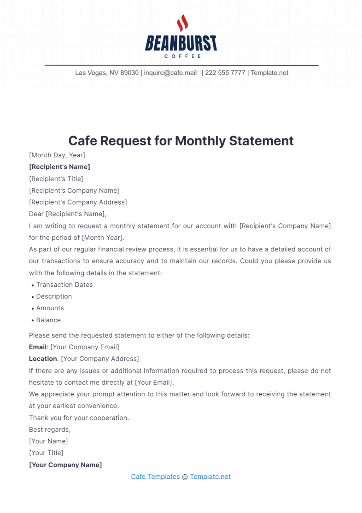 Cafe Request for Monthly Statement Template - Edit Online & Download