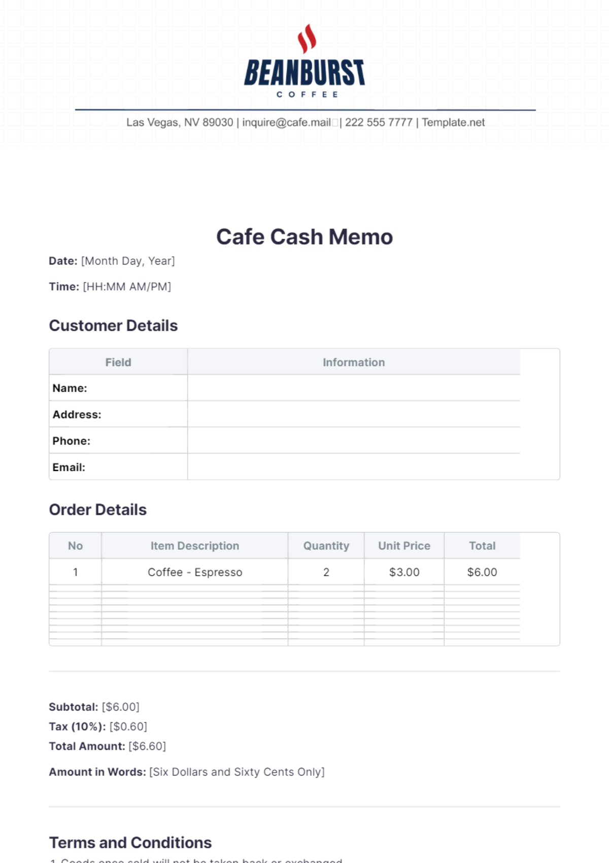 Cafe Cash Memo Template - Edit Online & Download