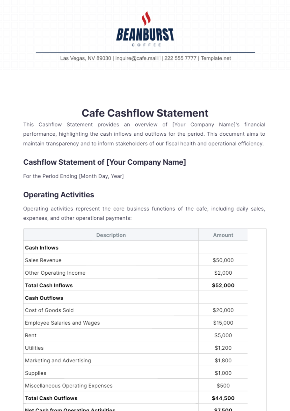 Cafe Cashflow Statement Template - Edit Online & Download