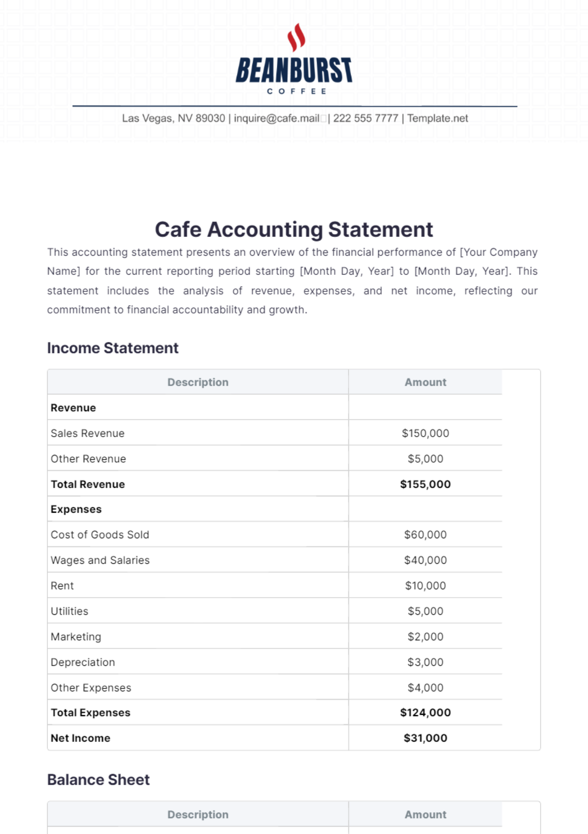 Cafe Accounting Statement Template - Edit Online & Download