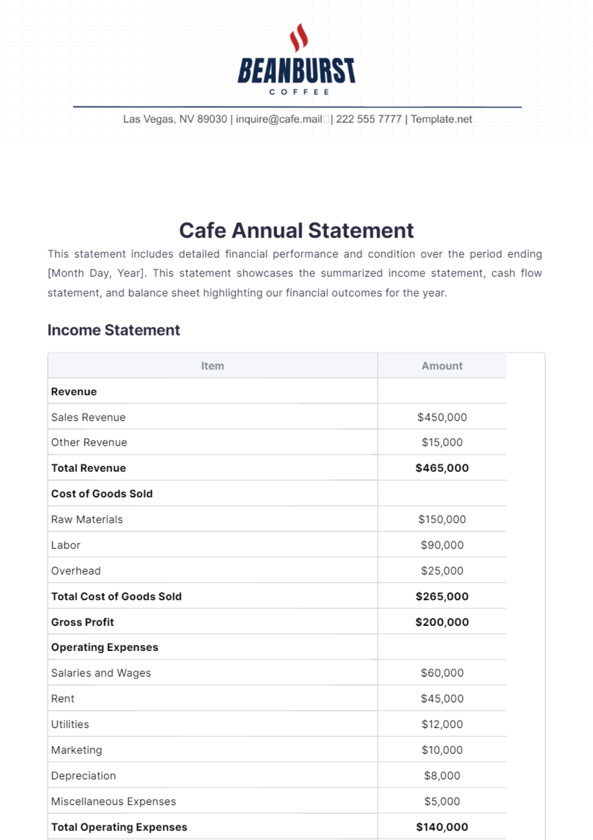 Cafe Annual Statement Template - Edit Online & Download