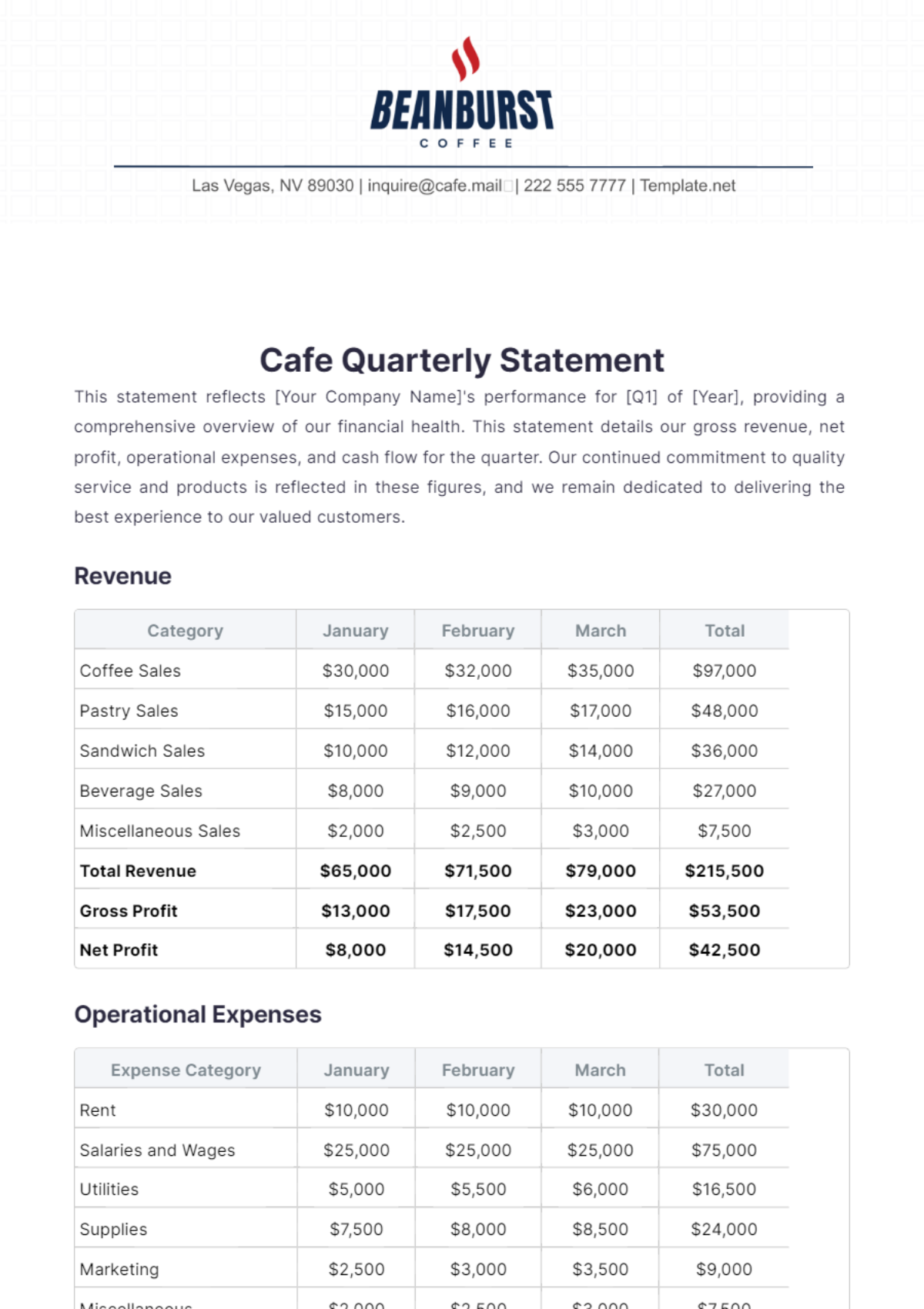 Cafe Quarterly Statement Template - Edit Online & Download