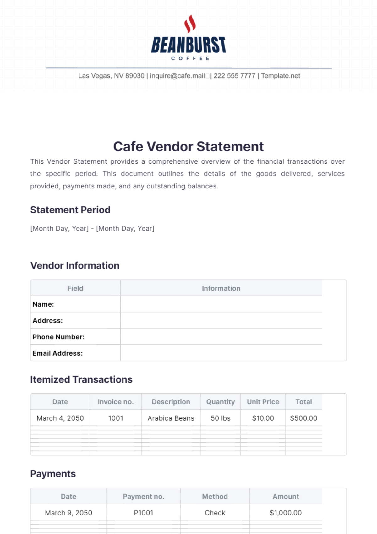 Cafe Vendor Statement Template - Edit Online & Download