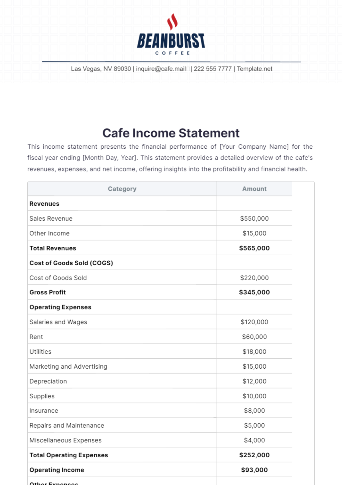 Cafe Income Statement Template - Edit Online & Download