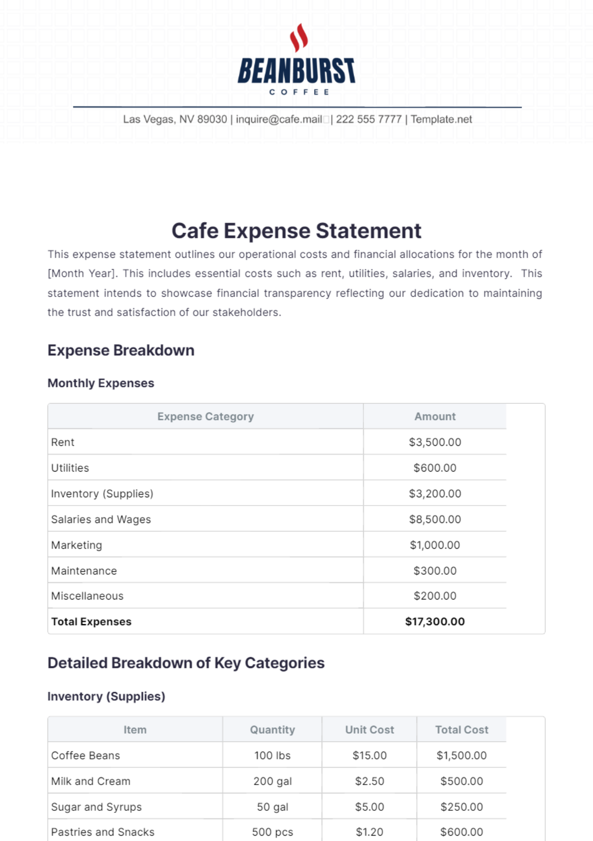 Cafe Expense Statement Template - Edit Online & Download