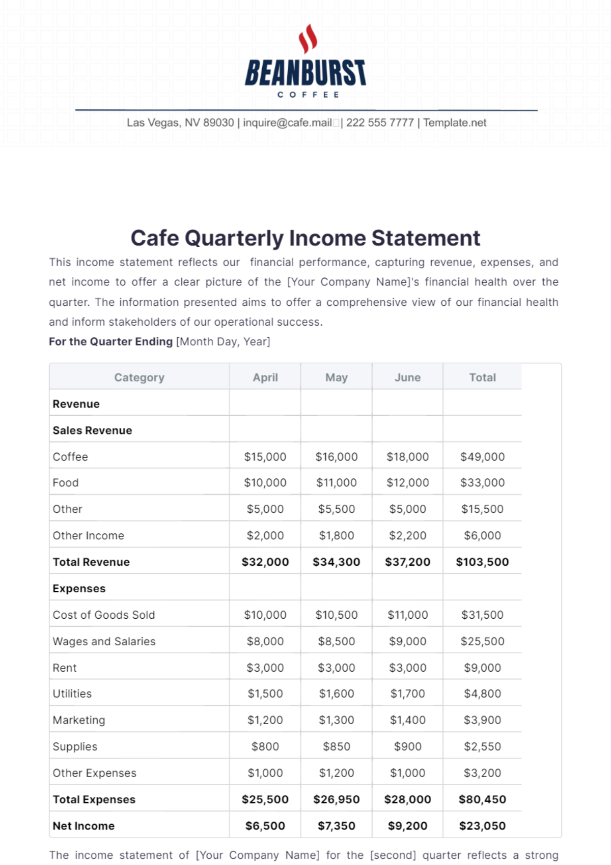 Cafe Quarterly Income Statement Template - Edit Online & Download