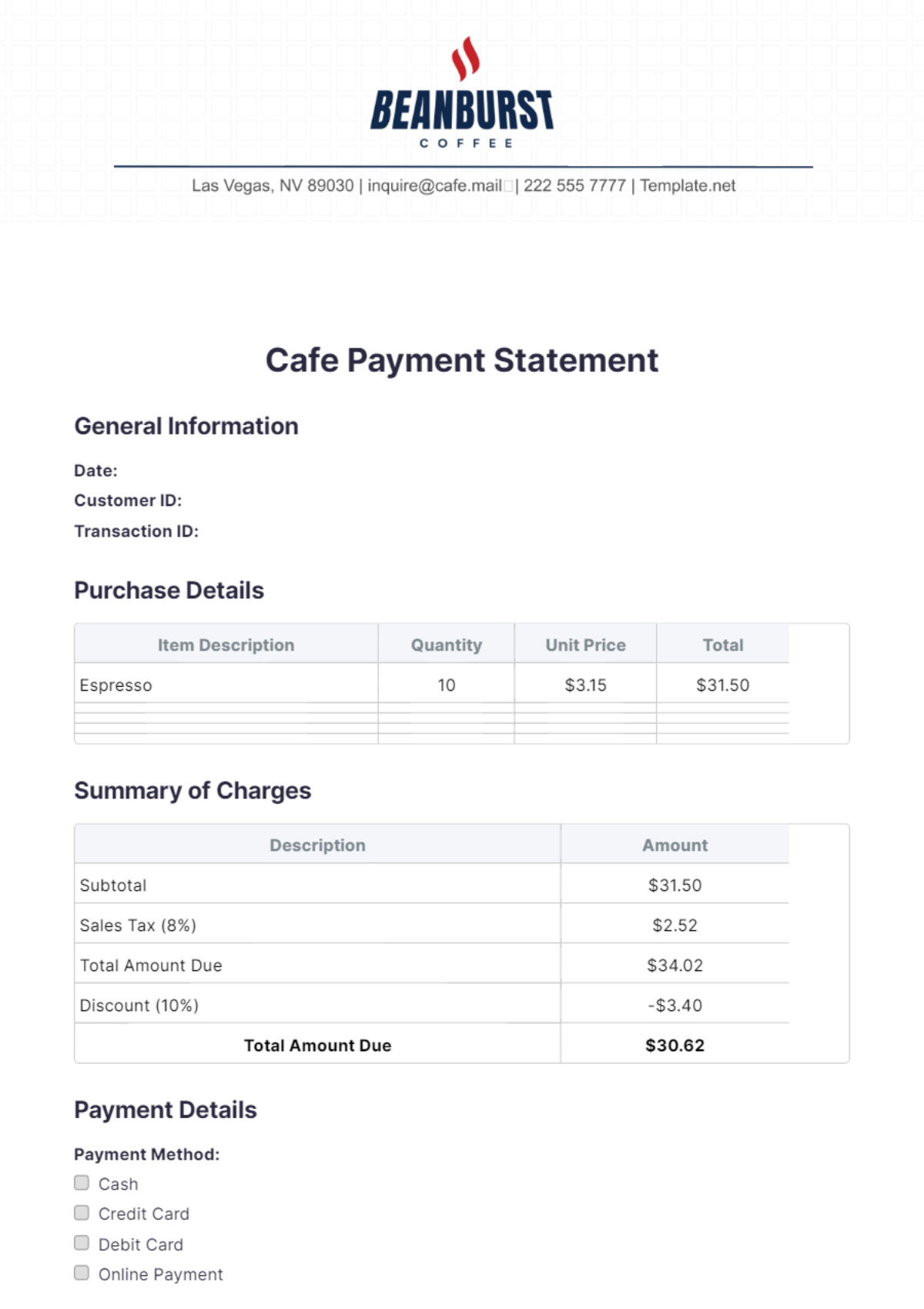 Cafe Payment Statement Template - Edit Online & Download