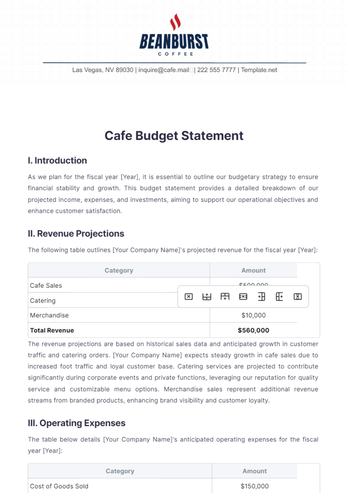 Cafe Budget Statement Template - Edit Online & Download