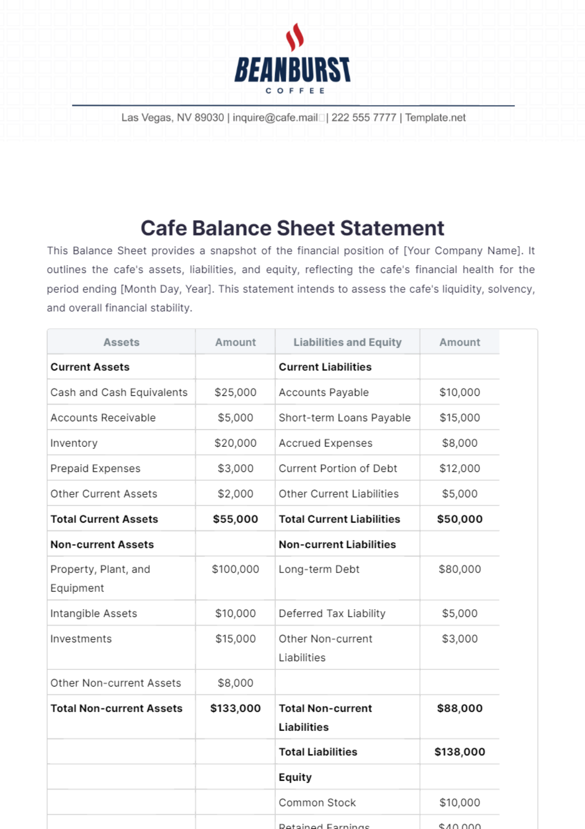 Cafe Balance Sheet Statement Template - Edit Online & Download