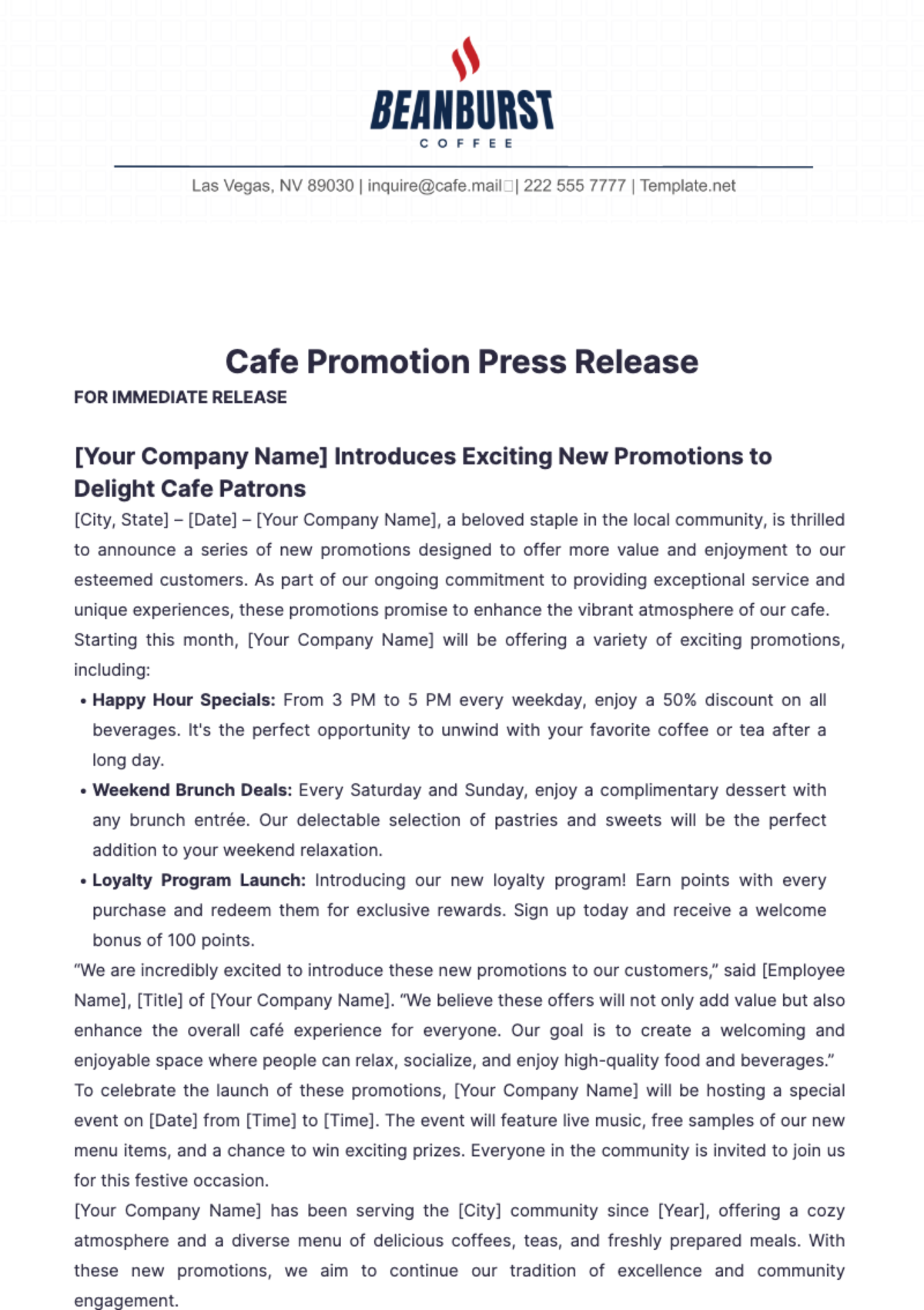 Cafe Promotion Press Release Template - Edit Online & Download