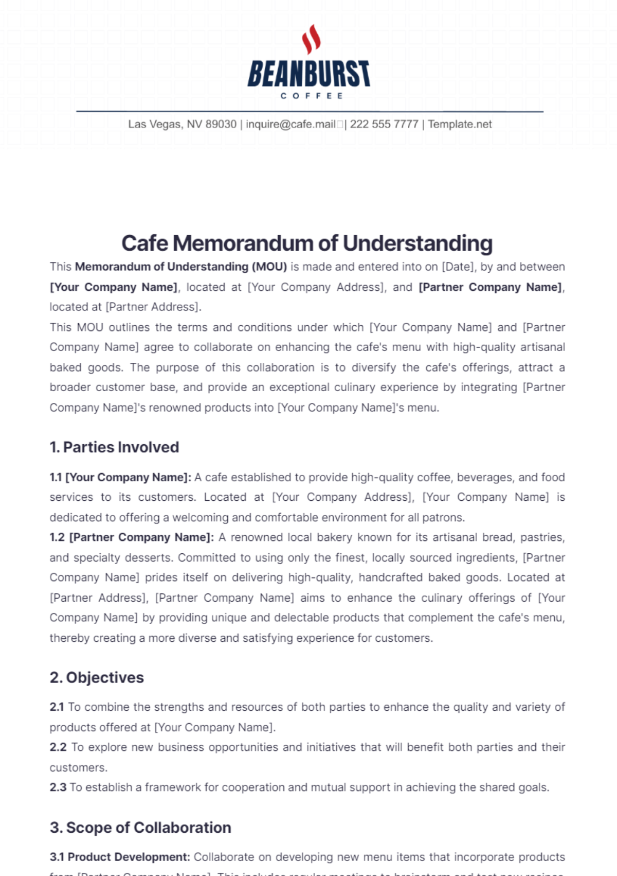 Cafe Memorandum of Understanding Template - Edit Online & Download