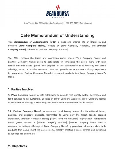 Free Cafe Memorandum of Understanding Template to Edit Online