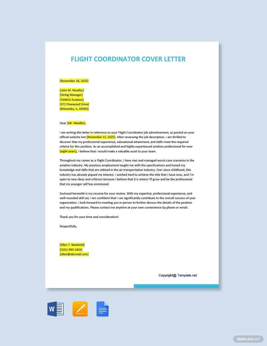 Free Flight Coordinator Cover Letter Template
