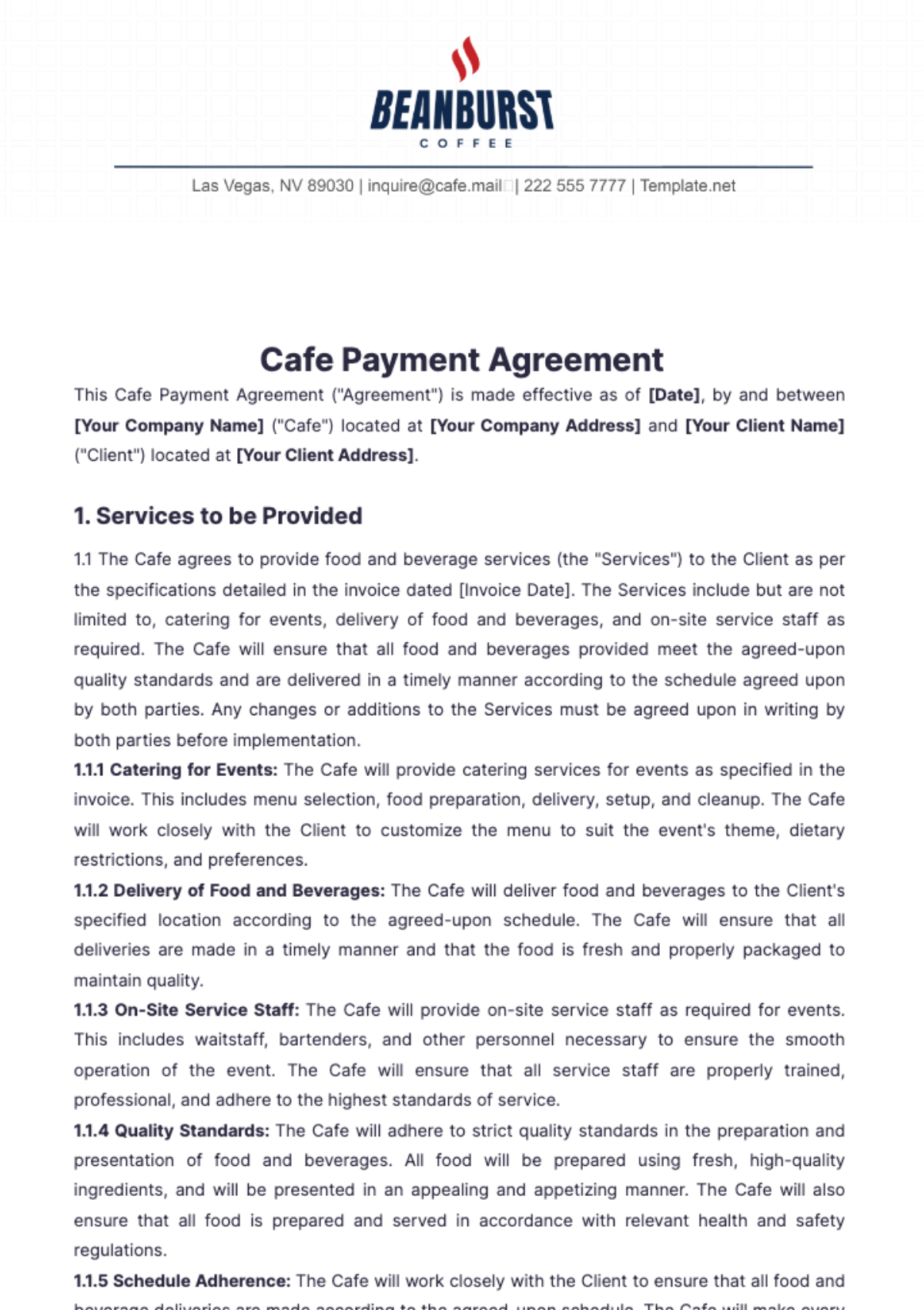 Cafe Payment Agreement Template - Edit Online & Download