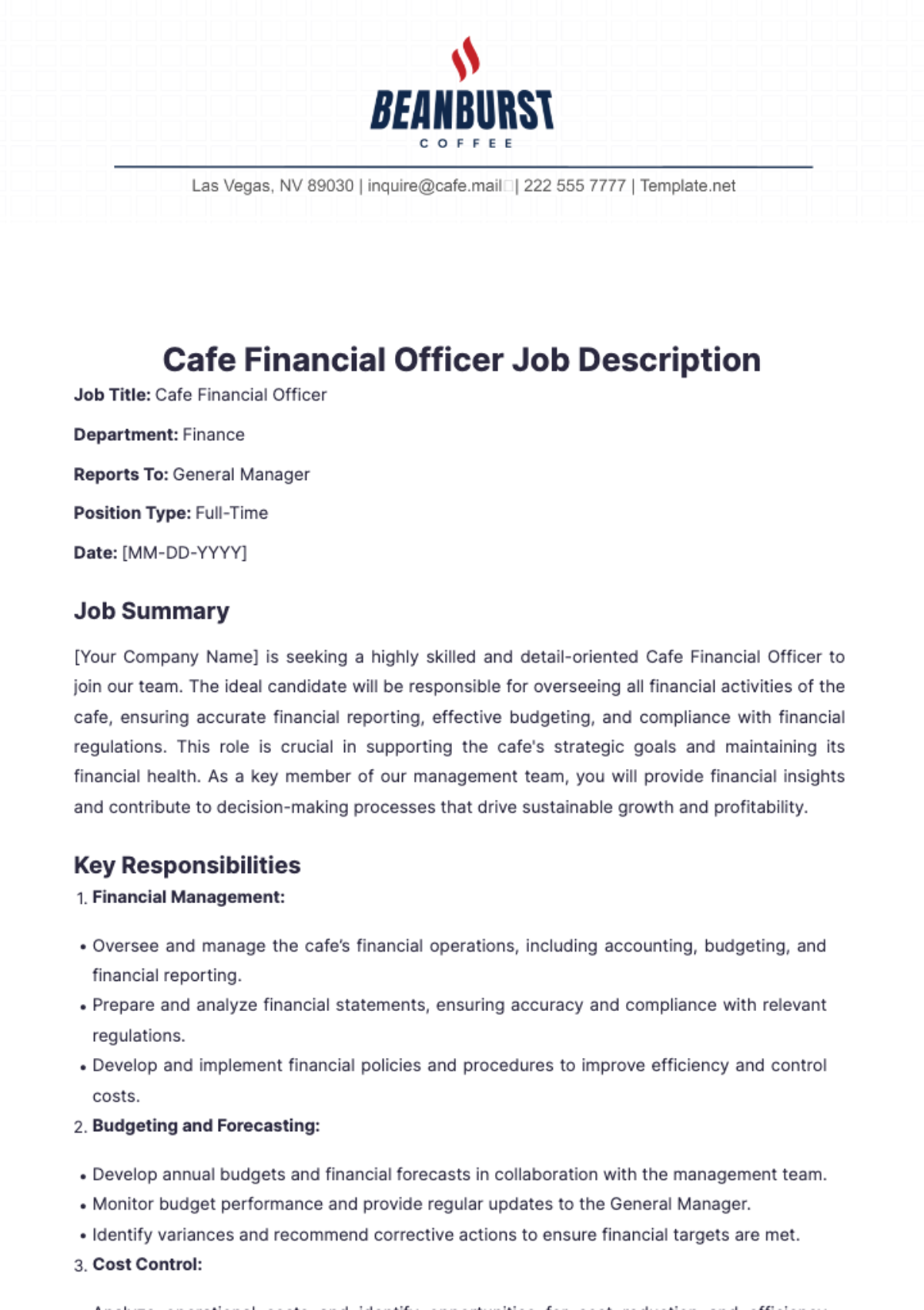 Cafe Financial Officer Job Description Template - Edit Online & Download