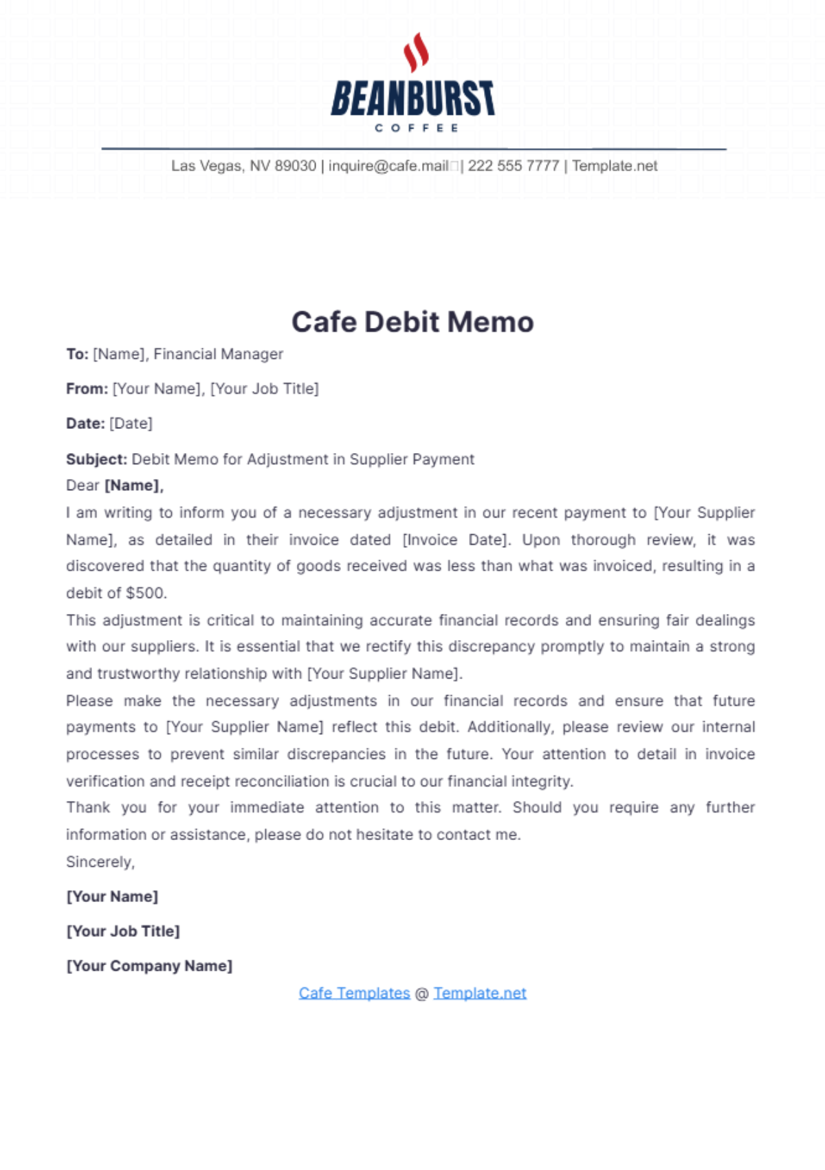 Cafe Debit Memo Template - Edit Online & Download