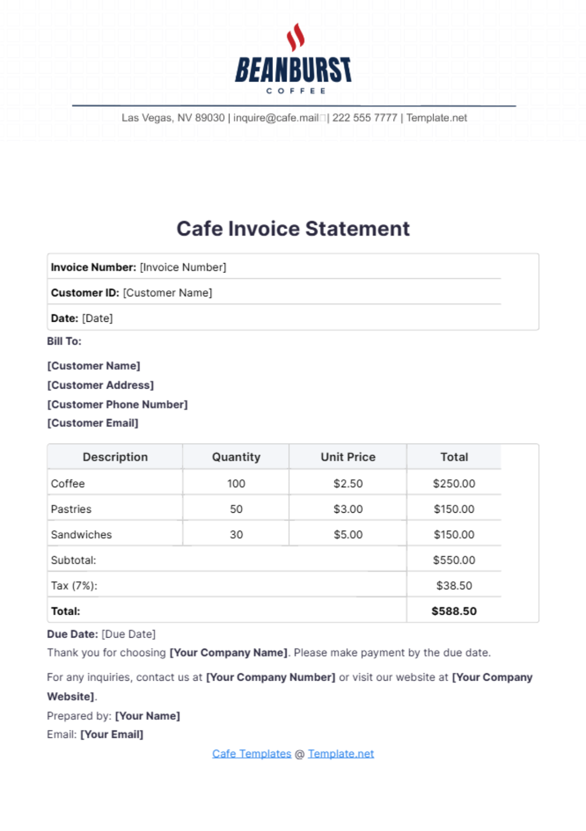 Cafe Invoice Statement Template - Edit Online & Download