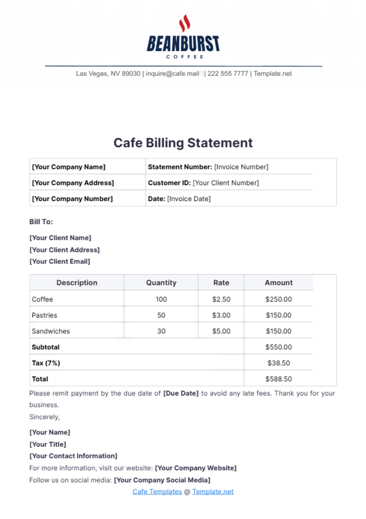 Cafe Billing Statement Template - Edit Online & Download