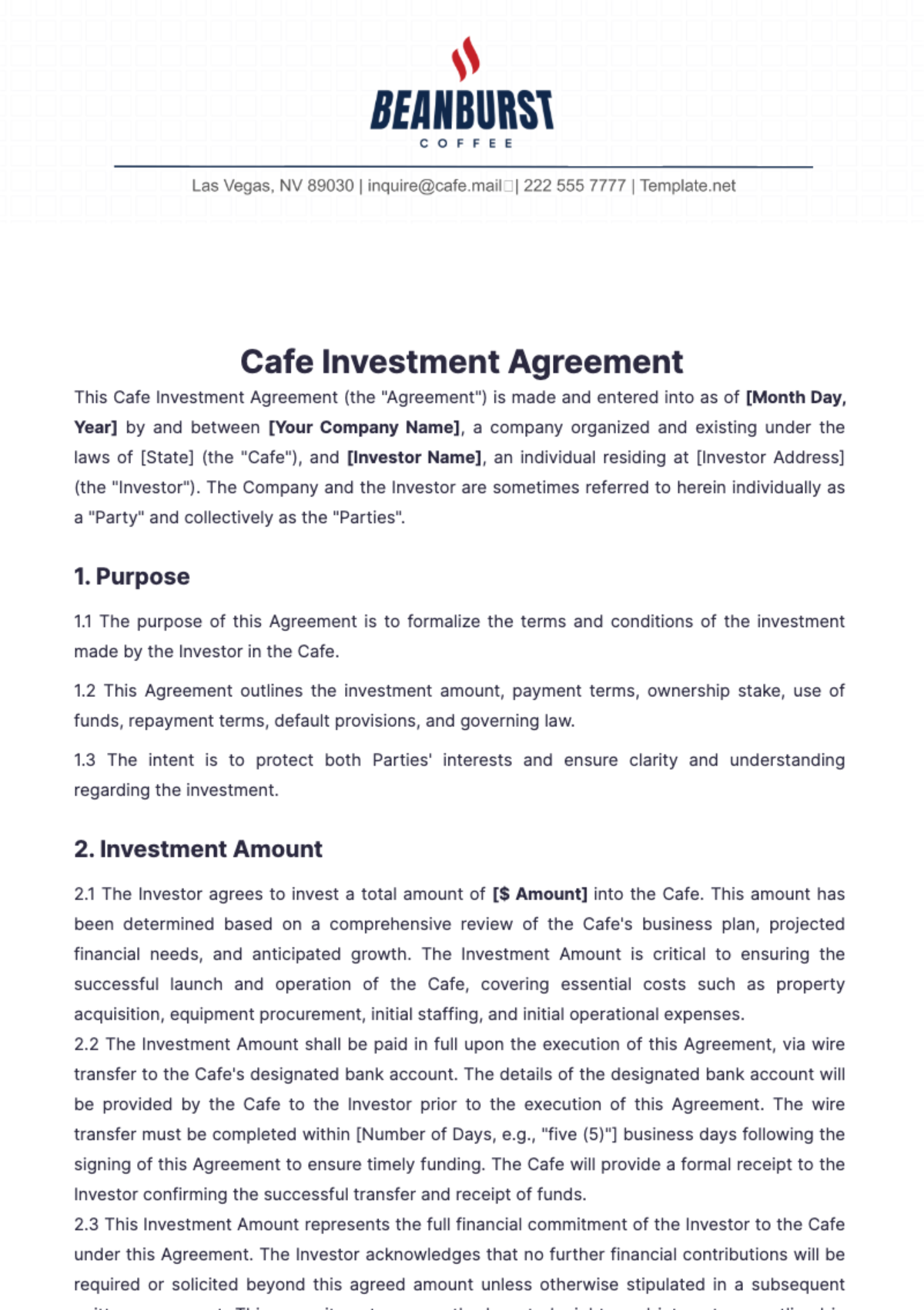 Cafe Investment Agreement Template - Edit Online & Download