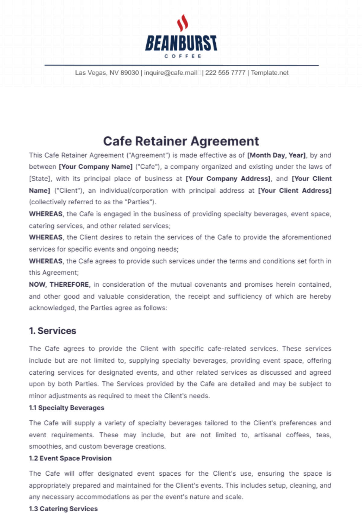 Cafe Retainer Agreement Template - Edit Online & Download