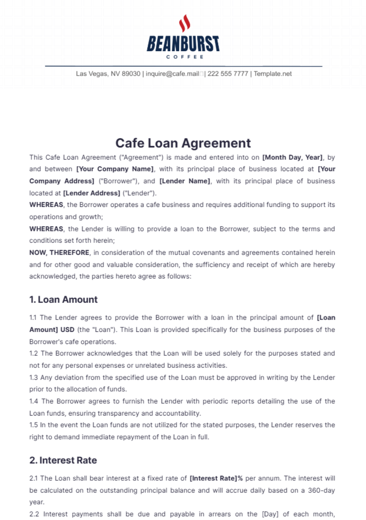 Cafe Loan Agreement Template - Edit Online & Download