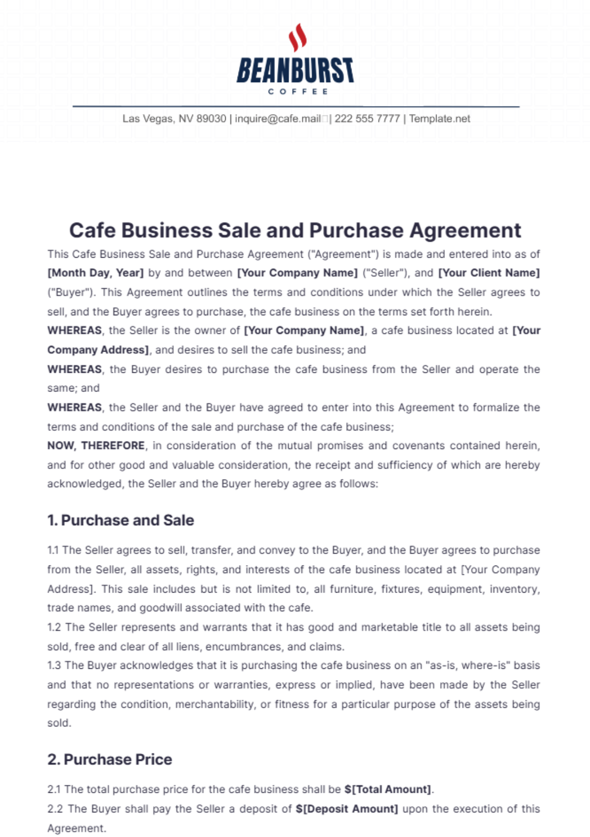 Cafe Business Sale and Purchase Agreement Template - Edit Online & Download