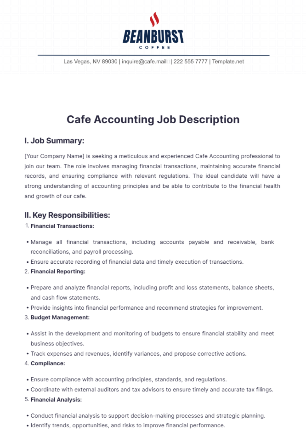 Cafe Accounting Job Description Template - Edit Online & Download