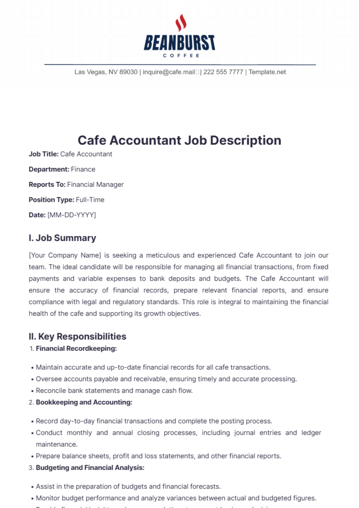 Cafe Accountant Job Description Template - Edit Online & Download