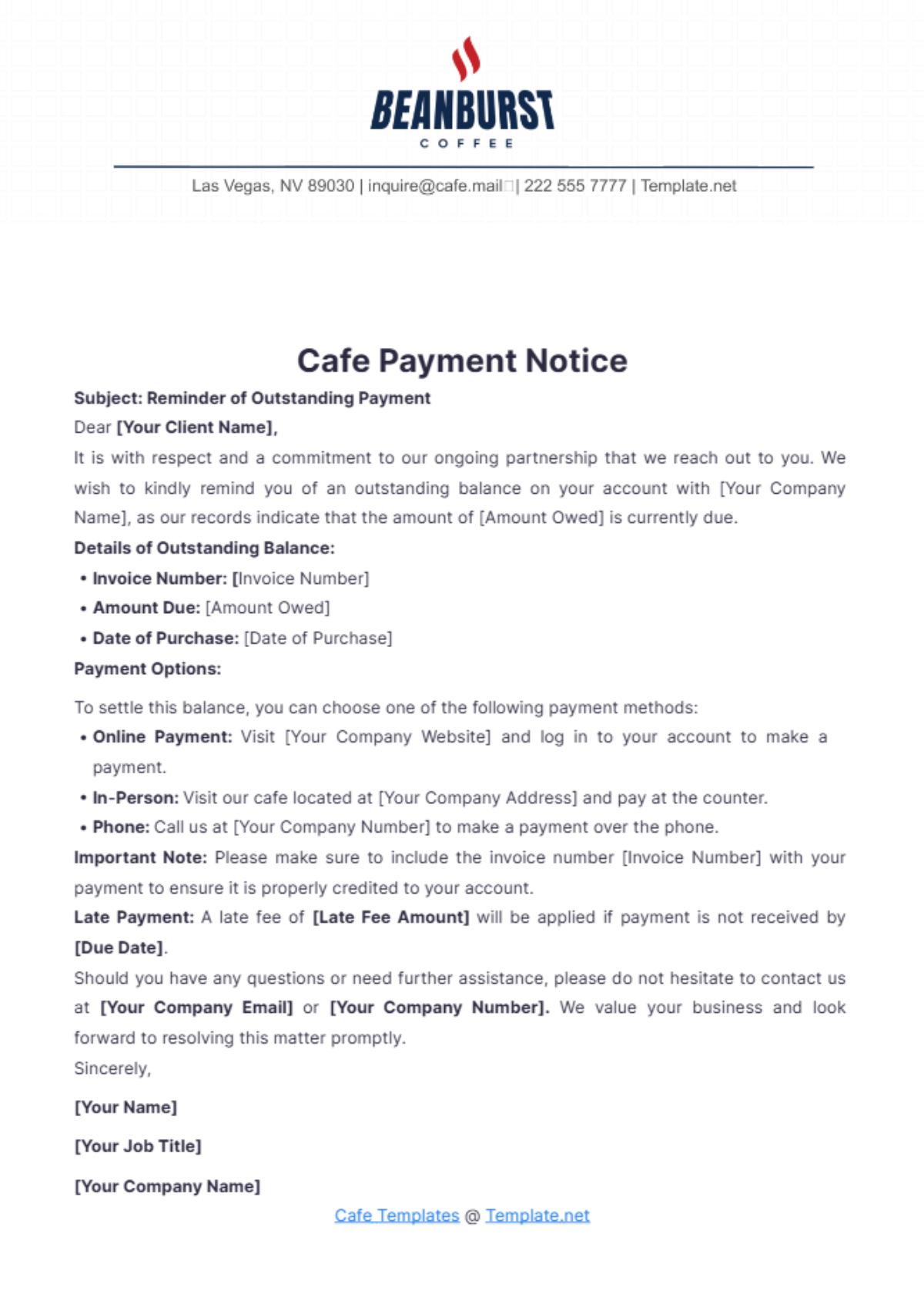 Cafe Payment Notice Template - Edit Online & Download