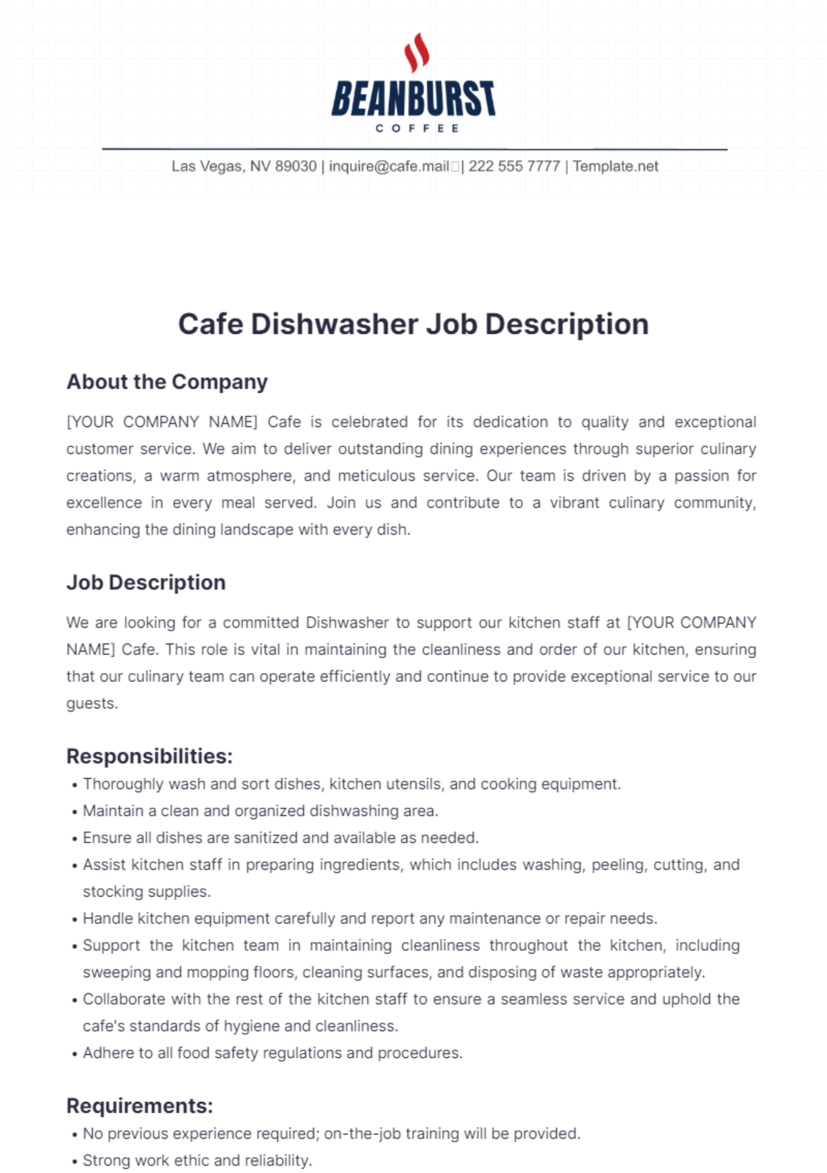 Cafe Dishwasher Job Description Template - Edit Online & Download