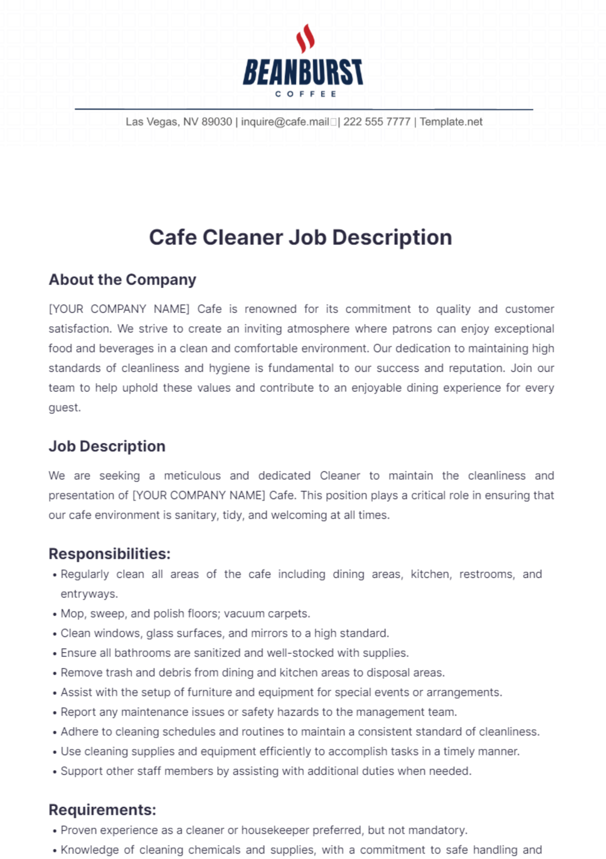 Cafe Cleaner Job Description Template - Edit Online & Download