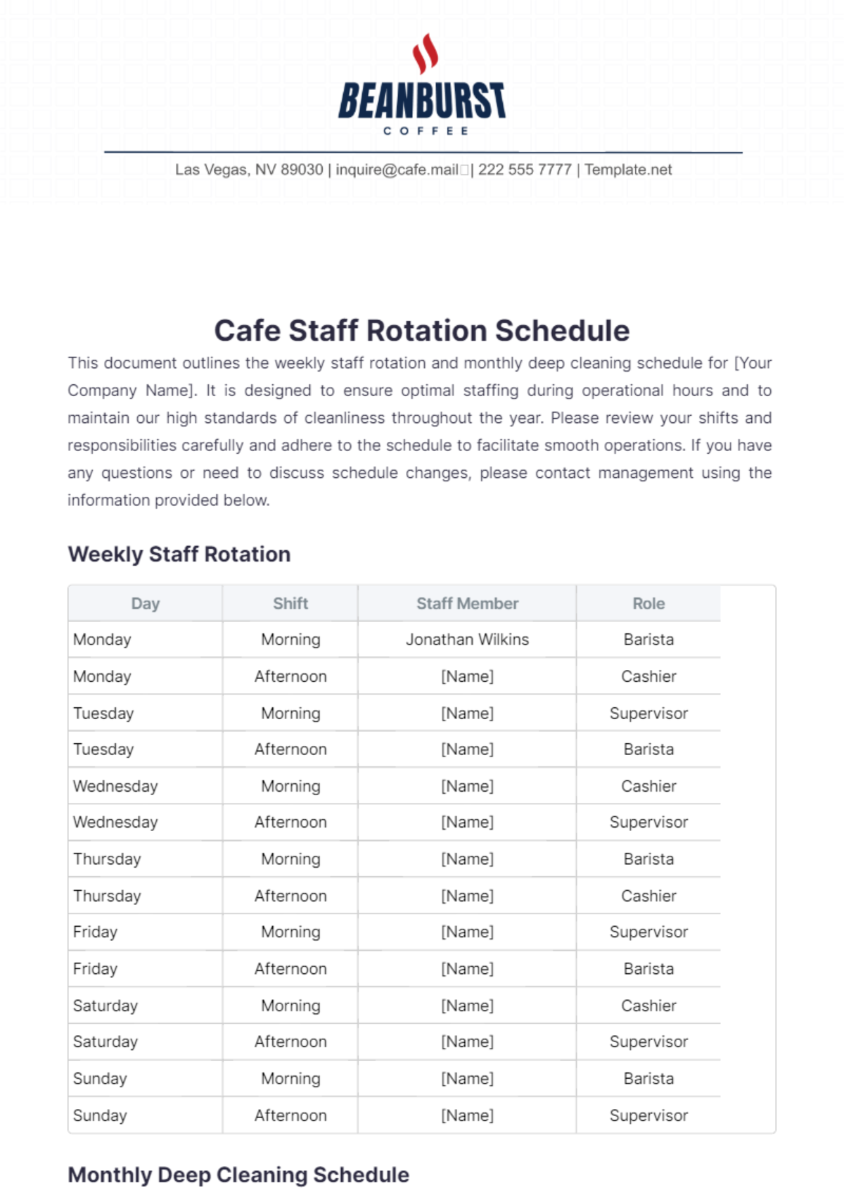 Cafe Staff Rotation Schedule Template - Edit Online & Download