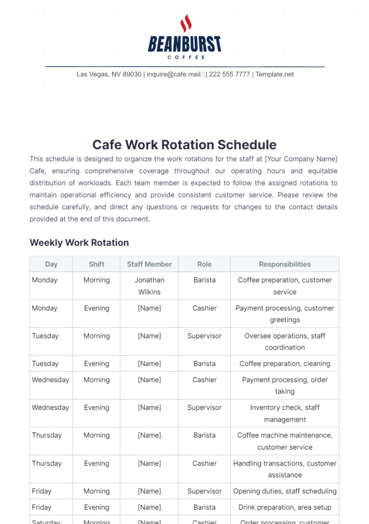 Cafe Work Rotation Schedule Template - Edit Online & Download