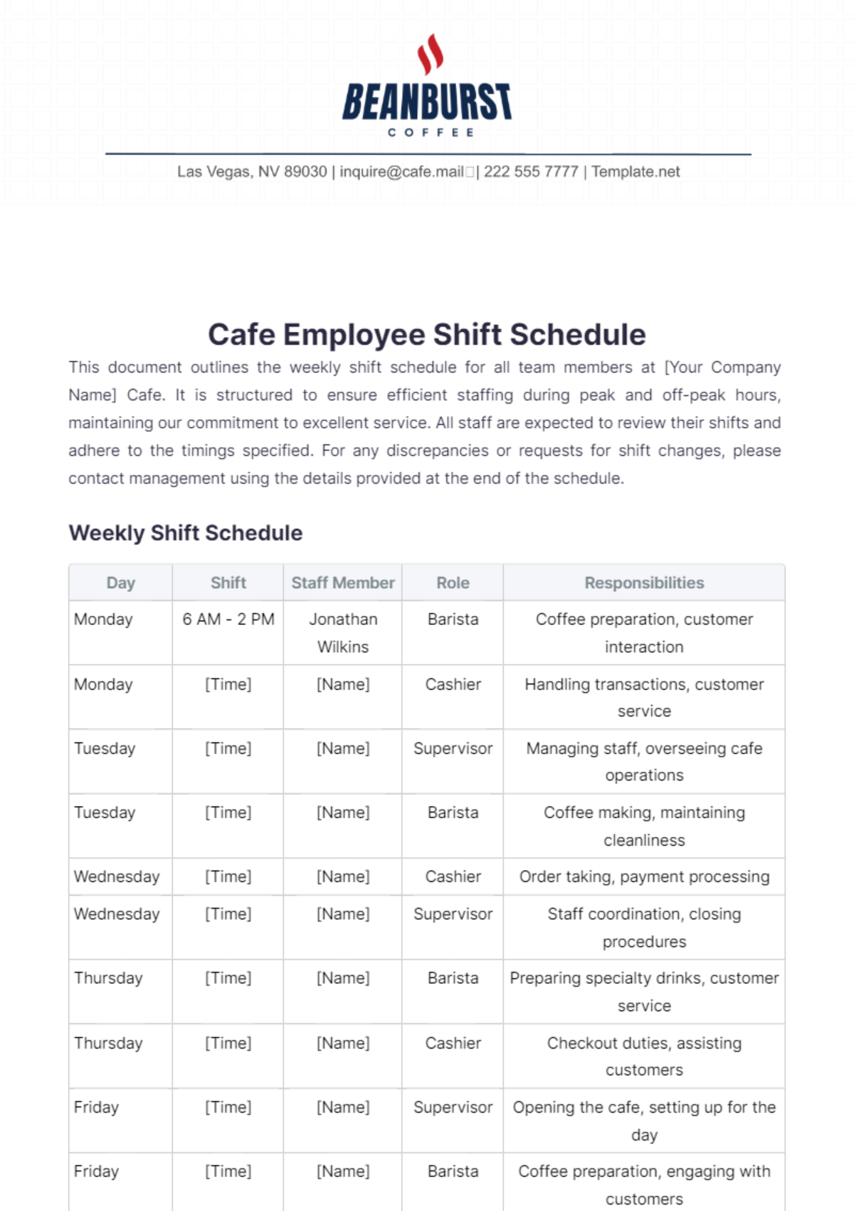 Cafe Employee Shift Schedule Template - Edit Online & Download