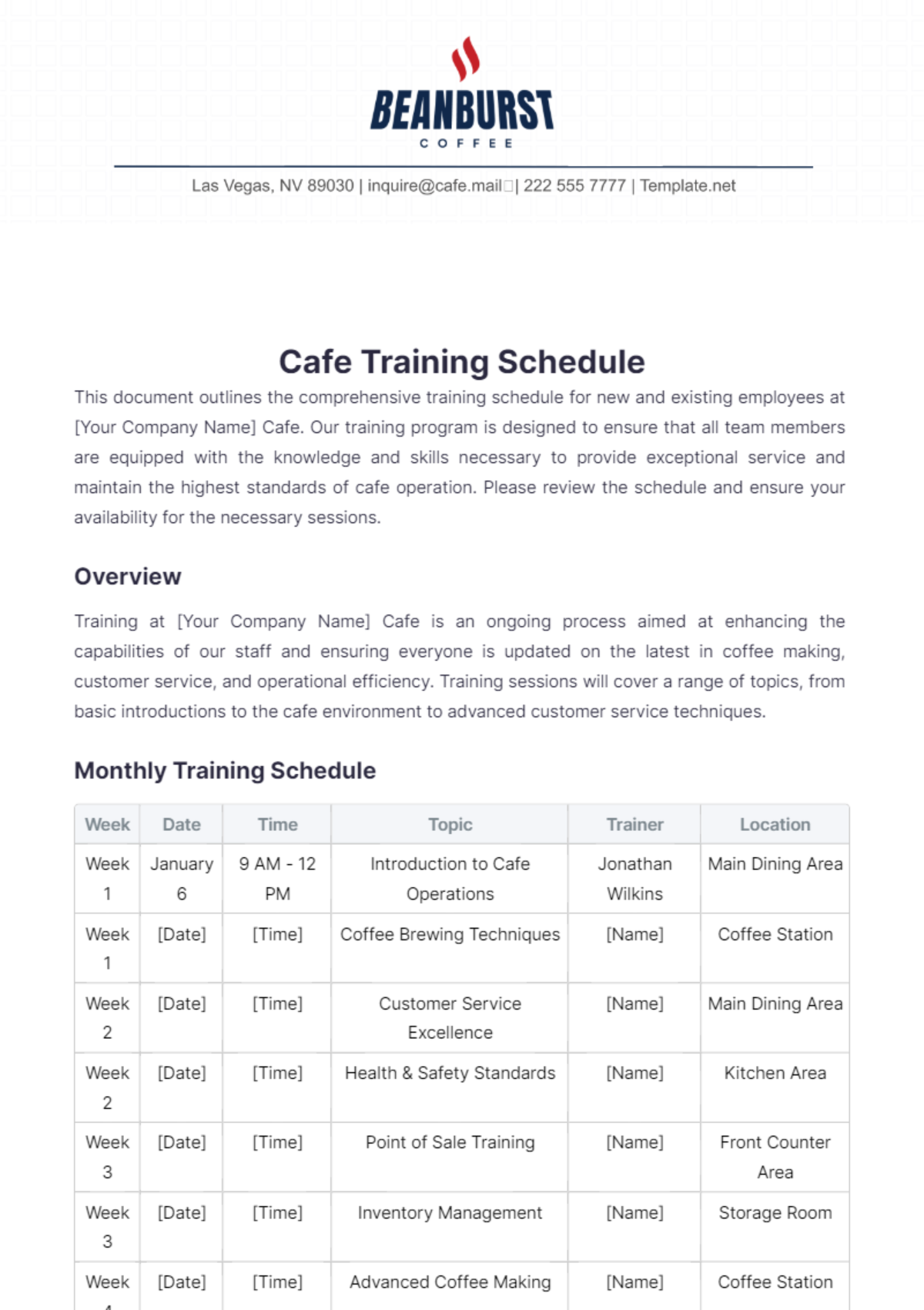 Cafe Training Schedule Template - Edit Online & Download