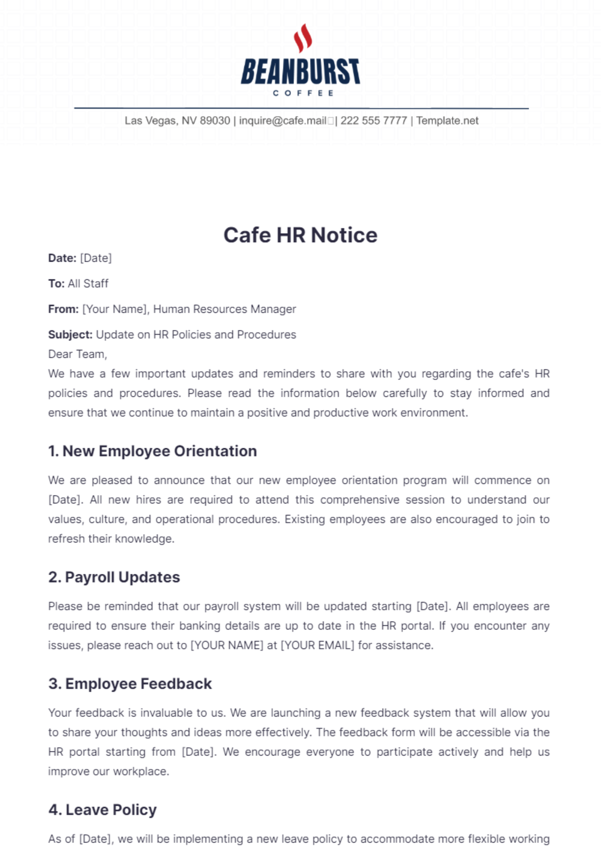 Cafe HR Notice Template - Edit Online & Download