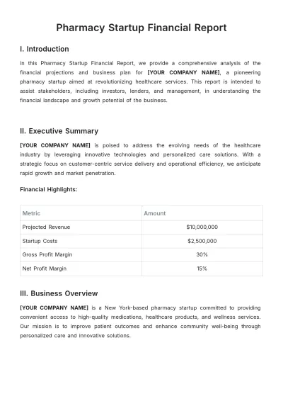 Free Pharmacy Startup Financial Report Template to Edit Online