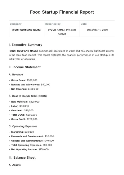 Free Food Startup Financial Report Template to Edit Online