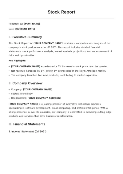 Free Stock Report Template to Edit Online