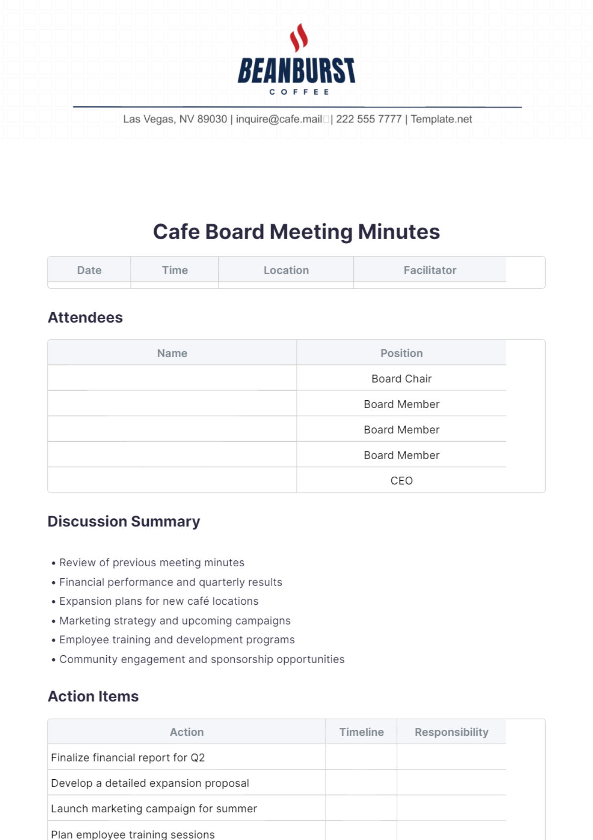 Cafe Board Meeting Minutes Template - Edit Online & Download