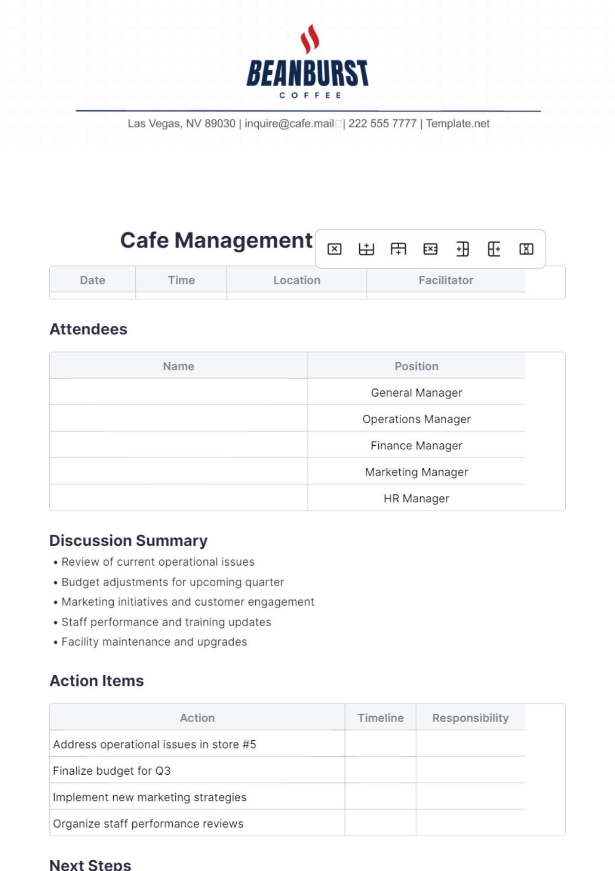 Cafe Management Meeting Minutes Template - Edit Online & Download