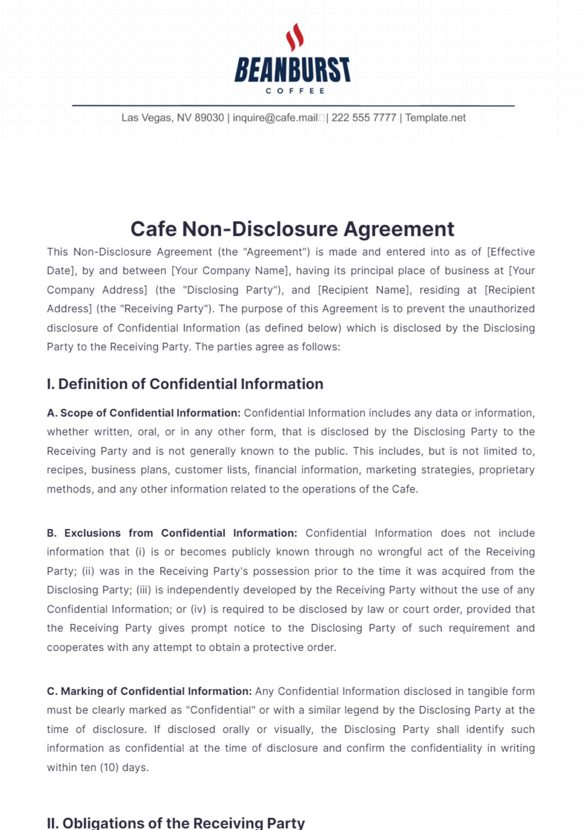 Cafe Non-Disclosure Agreement Template - Edit Online & Download