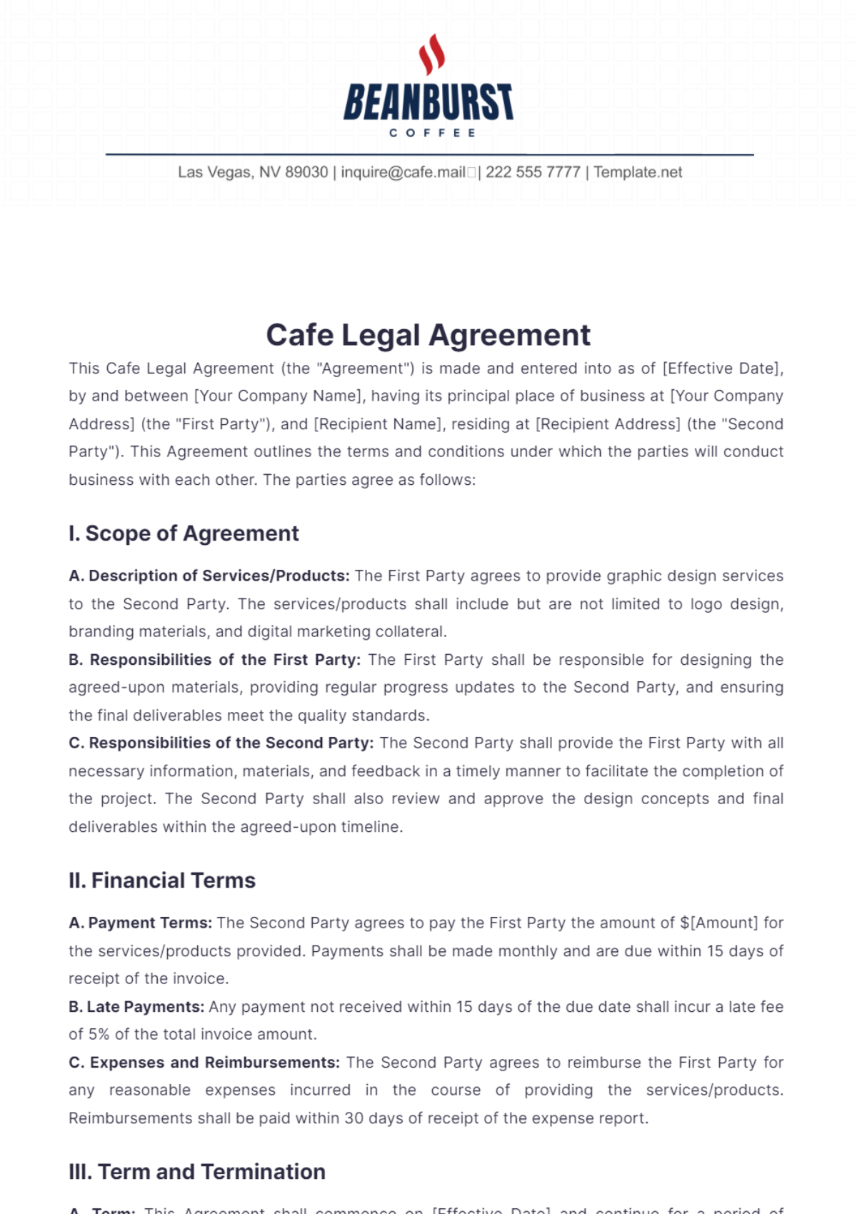 Cafe Legal Agreement Template - Edit Online & Download